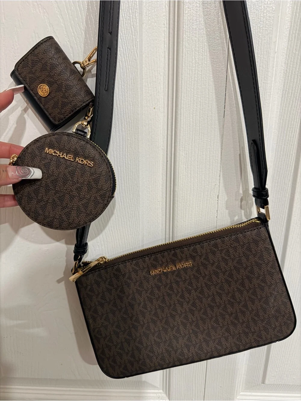 Michael Kors Brown MK Logo Crossbody Trio with Coin Pouch and Card Case